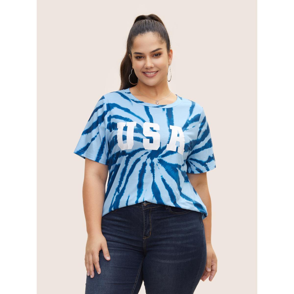 Plus Size USA Print Round Neck Tie Dye T-Shirt DarkBlue Women Casual Contrast Art&design Round Neck Everyday T-shirts BloomChic 10/M Product Image