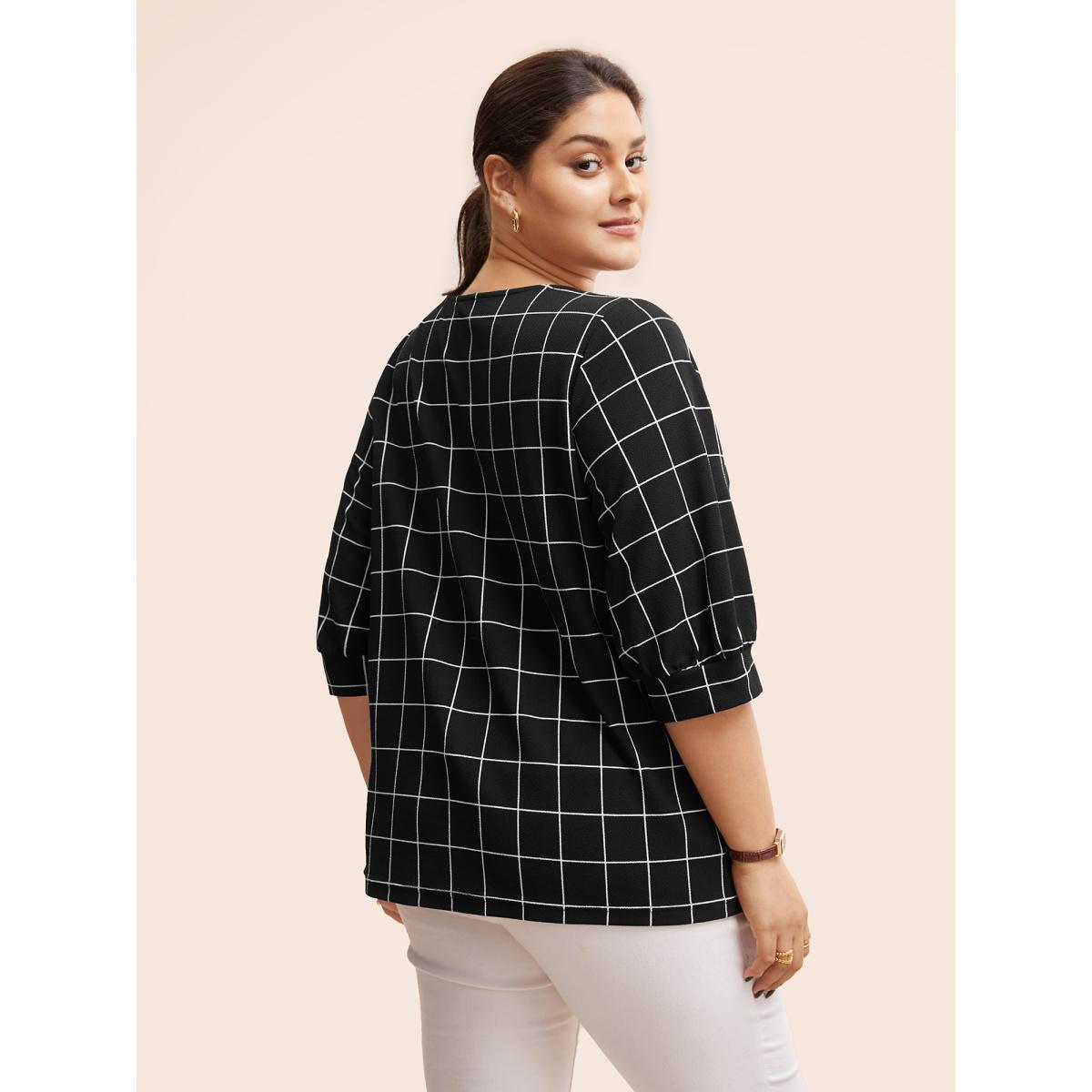 Plus Size Plaid Round Neck Lantern Sleeve T-shirt Burgundy Women At the Office Printed Plaid Round Neck Work T-shirts BloomChic 10/M Product Image