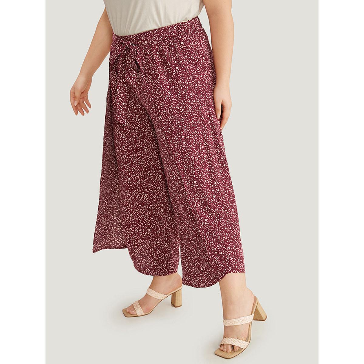 Plus Size Leopard Print Ties Wrap Hem Wide Leg Pants Women Burgundy Vacation Wide Leg High Rise Dailywear Pants BloomChic 26/4X Product Image