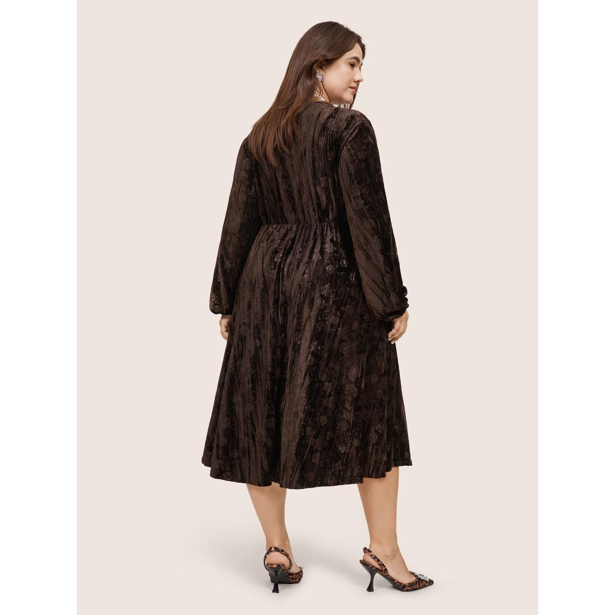 Plus Size Solid Texture Velvet V Neck Lantern Sleeve Dress DarkBrown Women Glamour Velvet V-neck Long Sleeve Curvy Midi Dress BloomChic 14-16/1X Product Image