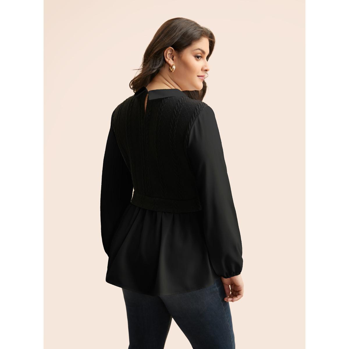Plus Size Black Peter Pan Collar Patchwork Contrast Blouse Women Elegant Long Sleeve Peter Pan collar Everyday Blouses BloomChic 12/L Product Image