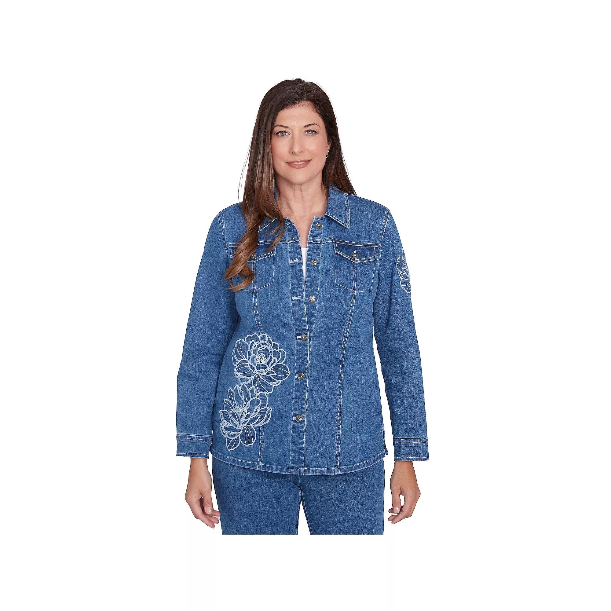 Women's Alfred Dunner Super Stretch Floral Denim Jacket, Size: XL, Medium Blue Product Image