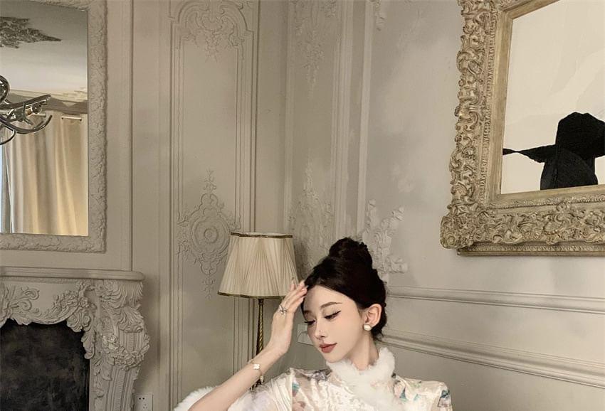 Long-Sleeve Fleece Trim Floral Print Maxi Sheath Dress Product Image