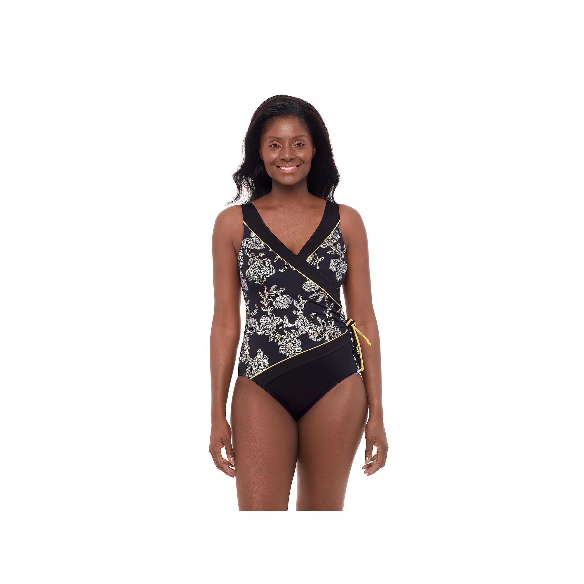 Women's Great Lengths Black Floral Tassel Surplice One Piece Swimsuit, Size: 16 Product Image