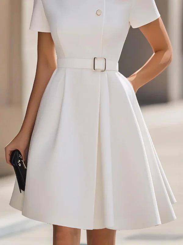 Short Sleeves Belted Buttoned Solid Color Stand Collar Mini Dresses Product Image