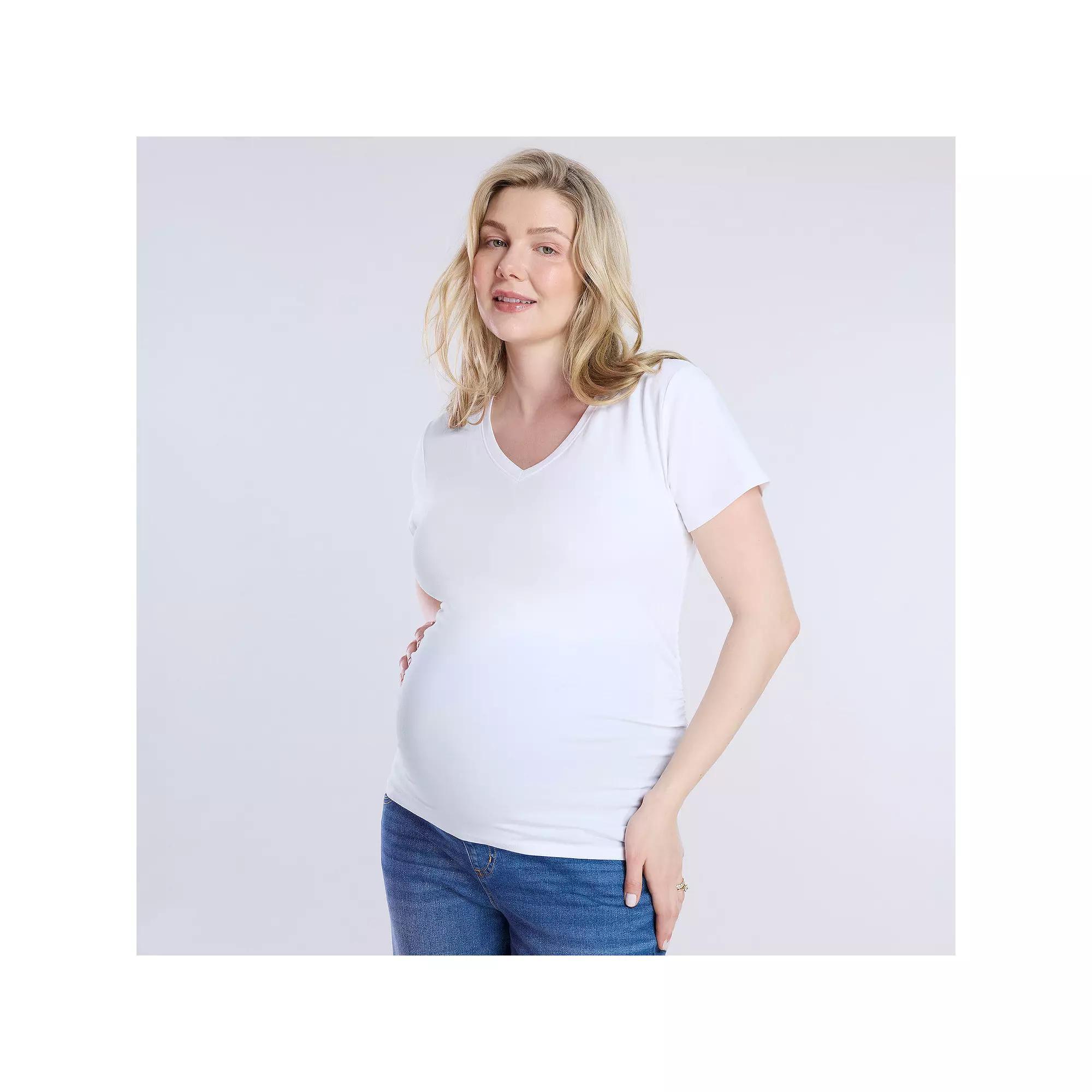 Maternity Motherhood® Side Ruched V-Neck Tee, Women's, Size: XL-Mat, White Product Image