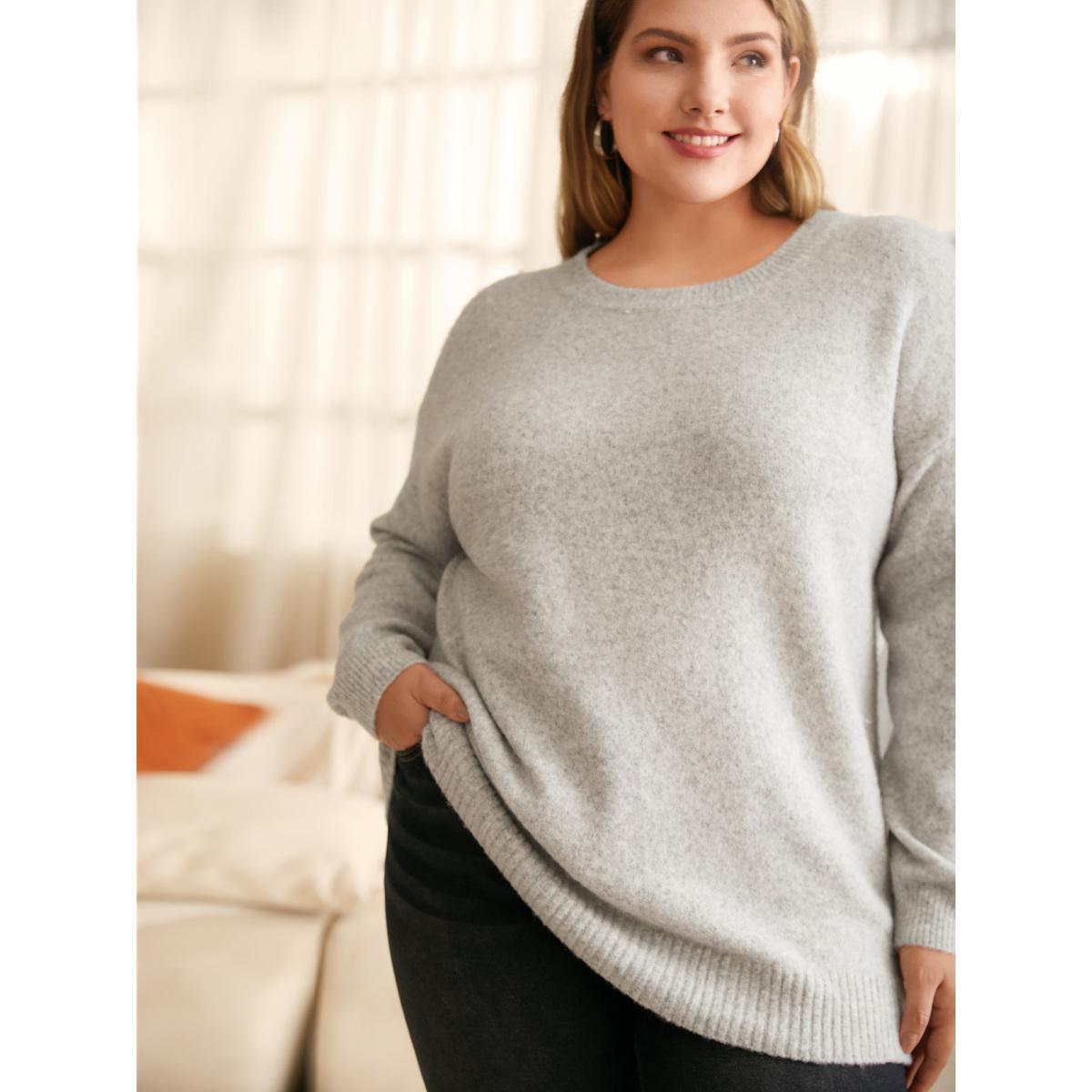Plus Size Airy Cozy Drop Shoulder Wool Pullover LightGray Women Casual Long Sleeve Round Neck Everyday Pullovers BloomChic 26/4X Product Image