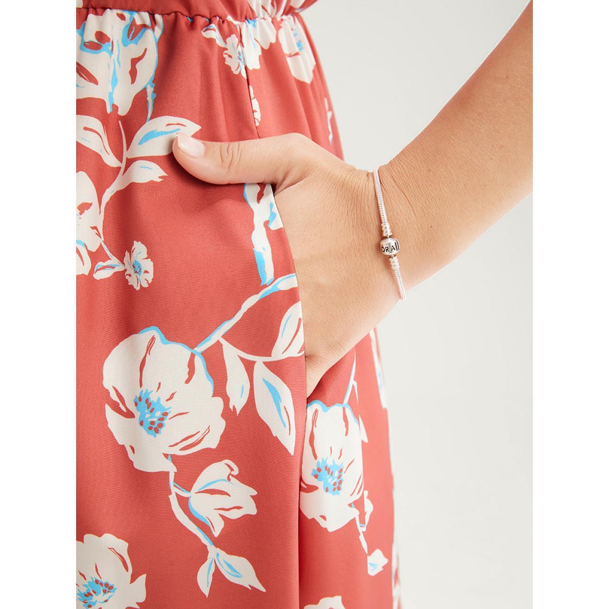 Plus Size Floral Printed Ruffle Trim Pocket V Neck Split Hem Dress Coral Women Elegant Elastic Waist V-neck Sleeveless Curvy Midi Dress BloomChic 10/M Product Image
