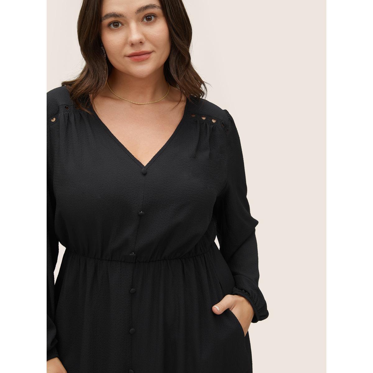 Plus Size Hollow Out Lantern Sleeve Flutter Layered Hem Dress Black Women At the Office Non V-neck Long Sleeve Curvy Midi Dress BloomChic 26/4X Product Image
