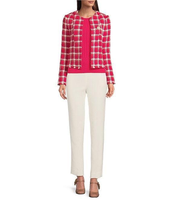KARL LAGERFELD PARIS Tweed Floral Embellished Round Neck Long Sleeve Open Jacket Product Image