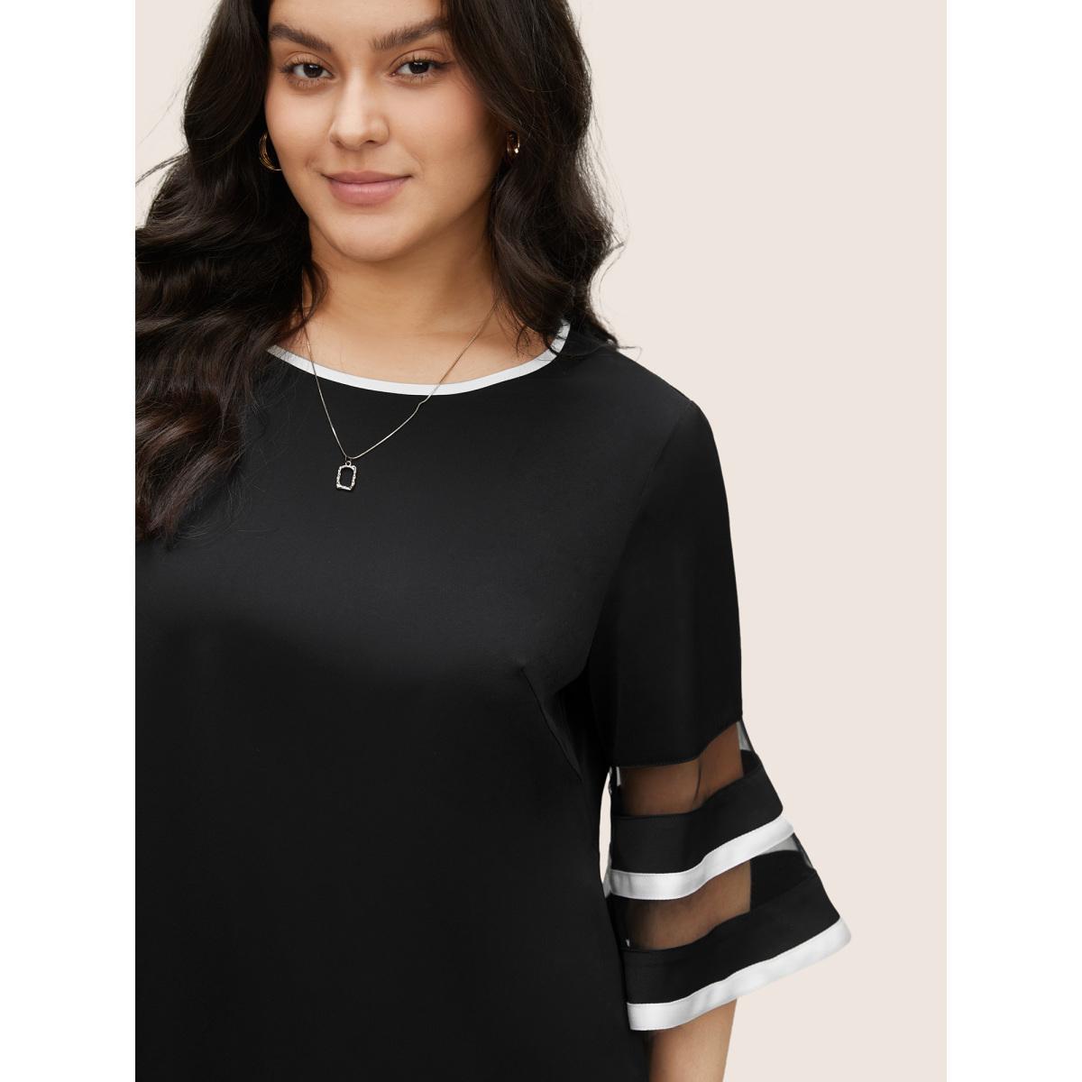 Plus Size Black Contrast Patchwork Mesh Bell Sleeve Blouse Women At the Office Elbow-length sleeve Round Neck Work Blouses BloomChic 22-24/3X Product Image