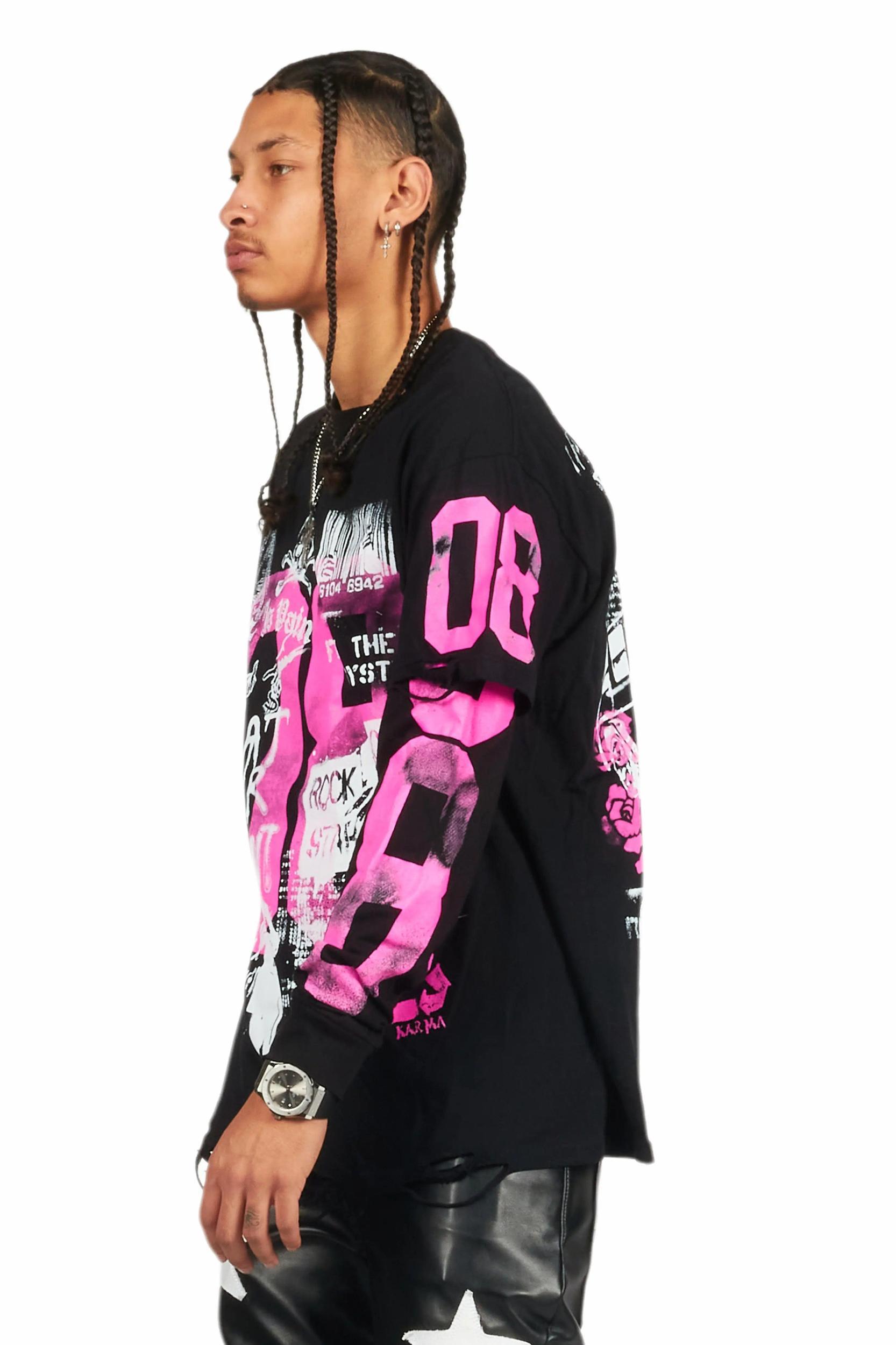 Grill Black/Pink Double Layer Long Sleeve Graphic T-Shirt Male Product Image