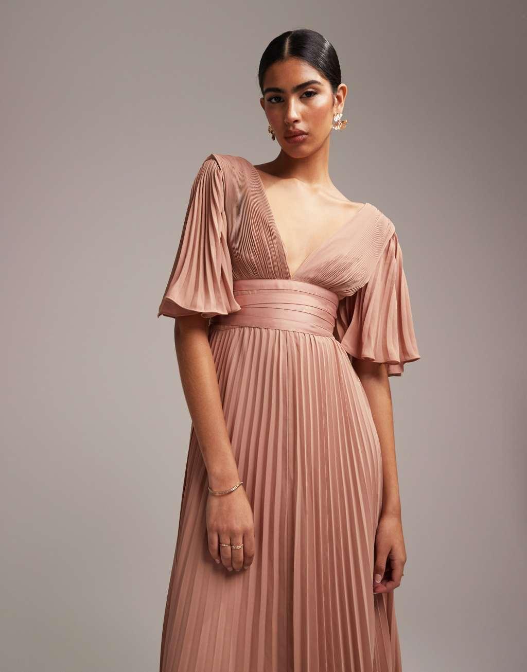 ASOS DESIGN Bridesmaid pleated flutter sleeve maxi dress with satin wrap waist Product Image