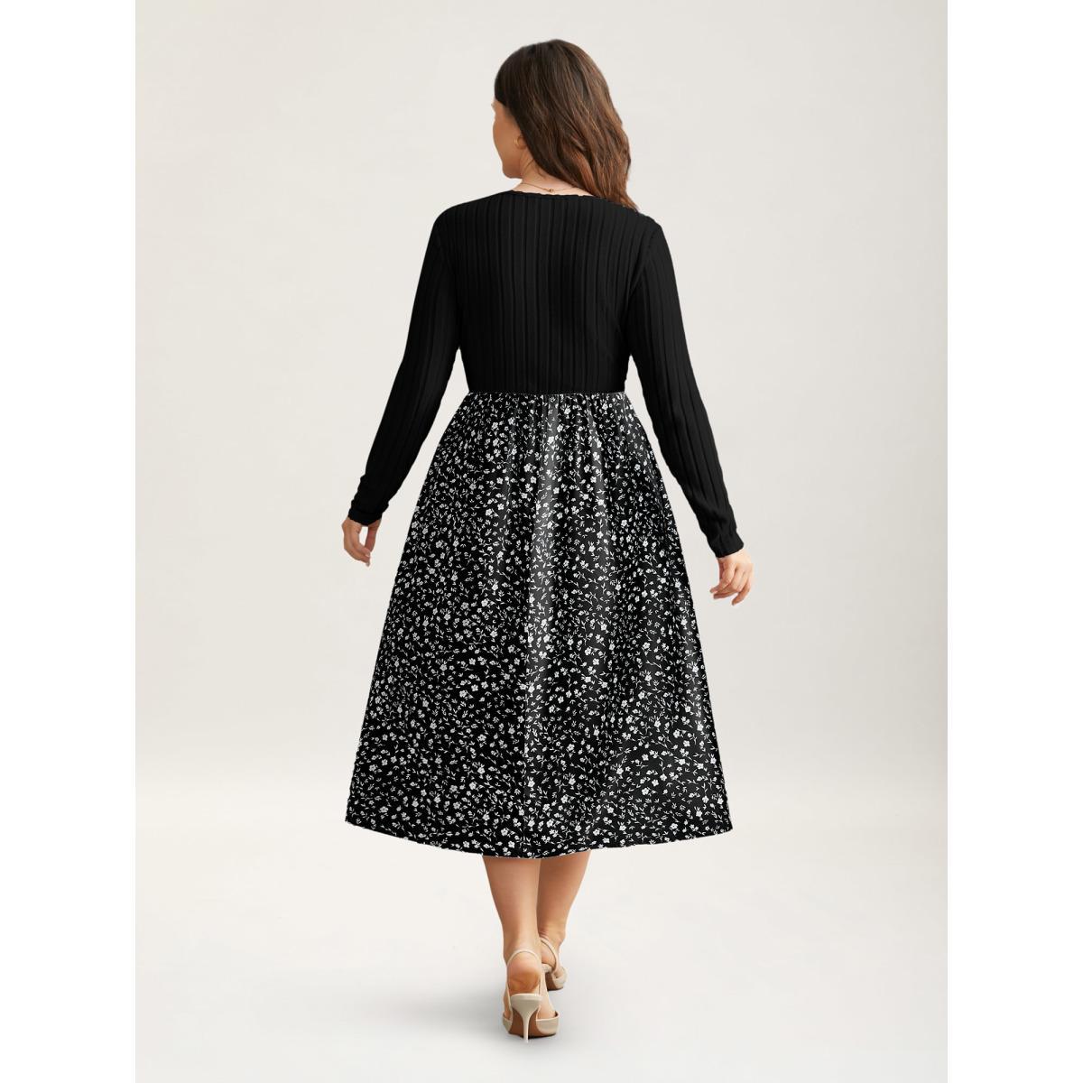 Plus Size Ditsy Floral Patchwork Texture Midi Dress Black Women Elegant Texture V-neck Long Sleeve Curvy BloomChic 28/5X Product Image