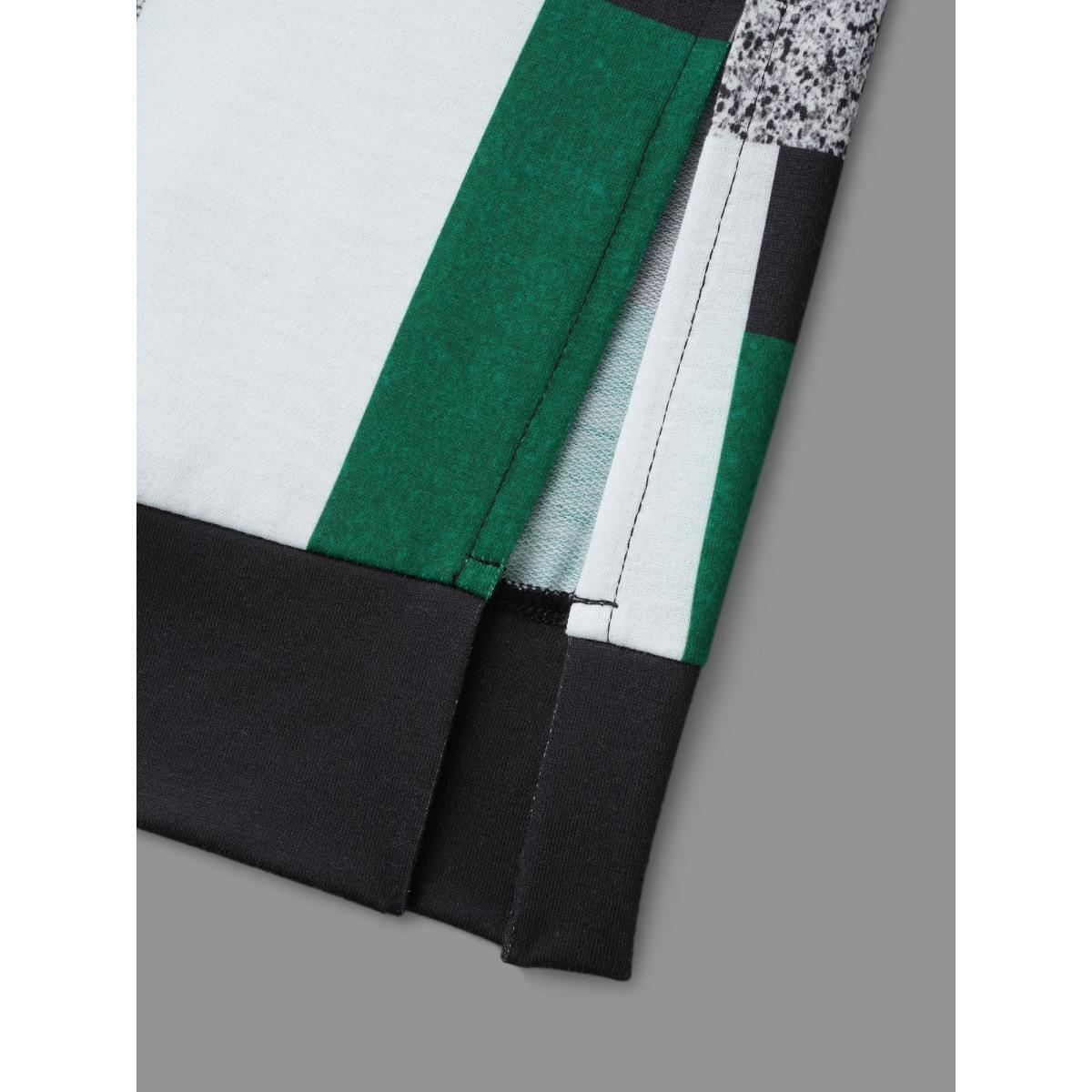 Plus Size Asymmetrical Colorblock Contrast Slit Hem Sweatshirt Women DarkGreen Casual Contrast Loose Round Neck Everyday Sweatshirts BloomChic 28/5X Product Image