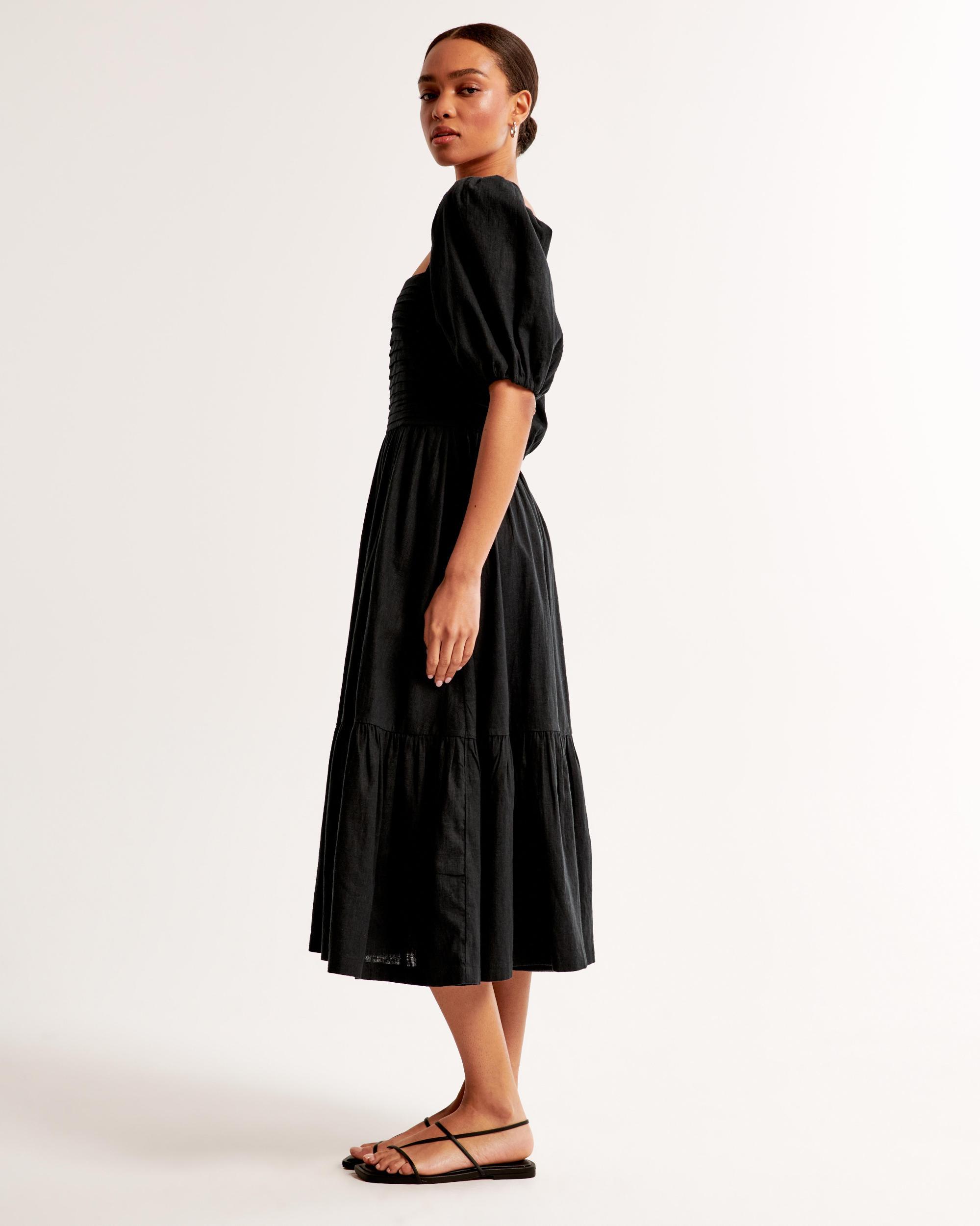 The A&F Emerson Linen-Blend Puff Sleeve Midi Dress Product Image