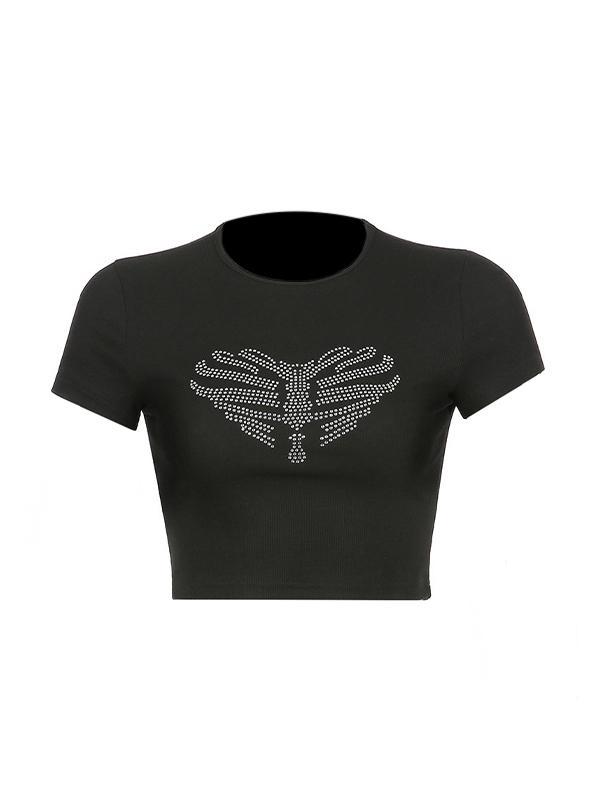 Heart Rhinestone Print Cropped Short Sleeve Tee Product Image