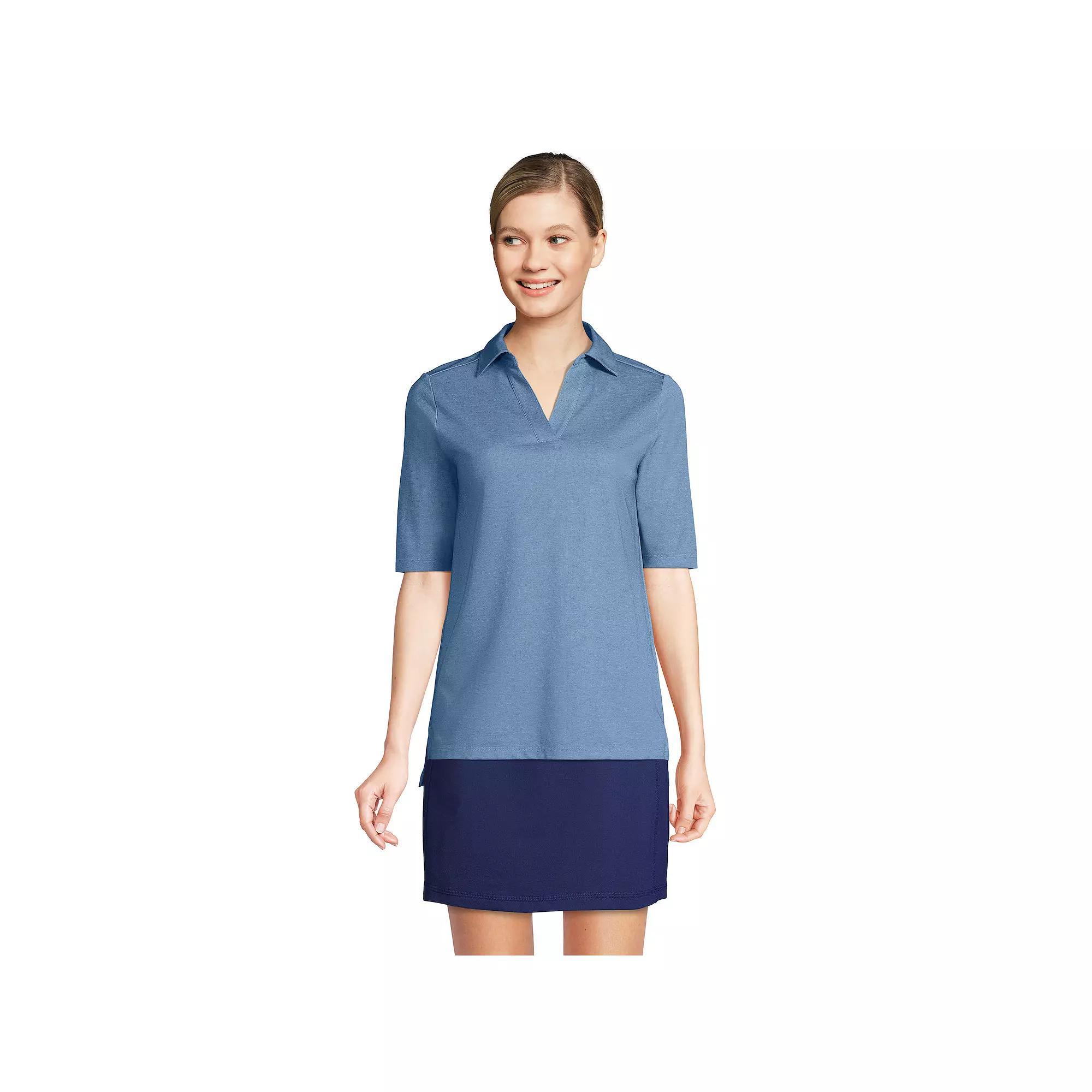 Women's Lands' End Performance Elbow Sleeve Pique Polo Top, Size: Medium, Black Product Image