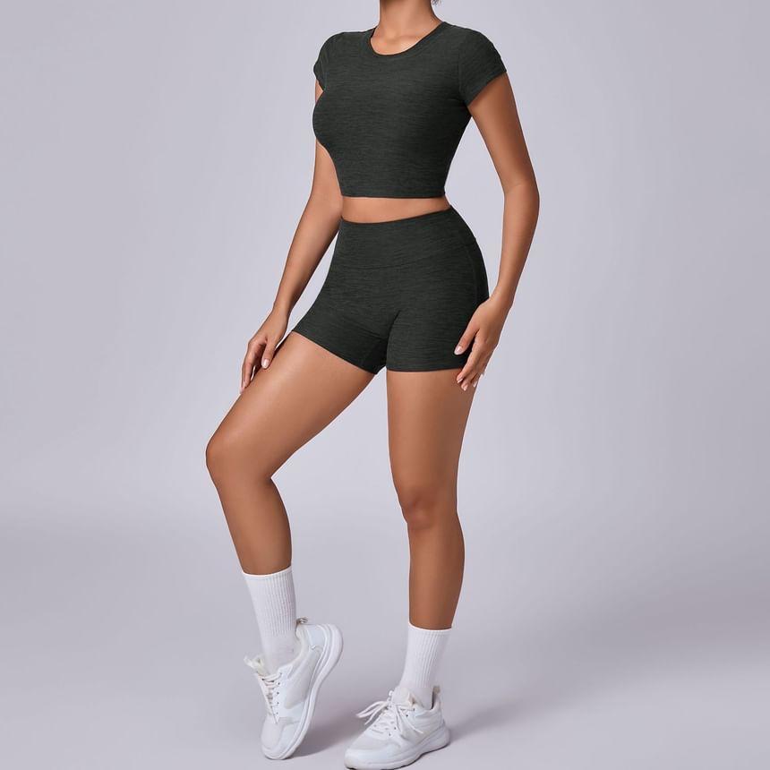 Set: Long-Sleeve Crew Neck Melange Crop Sports Top + High Waist Biker Shorts Product Image
