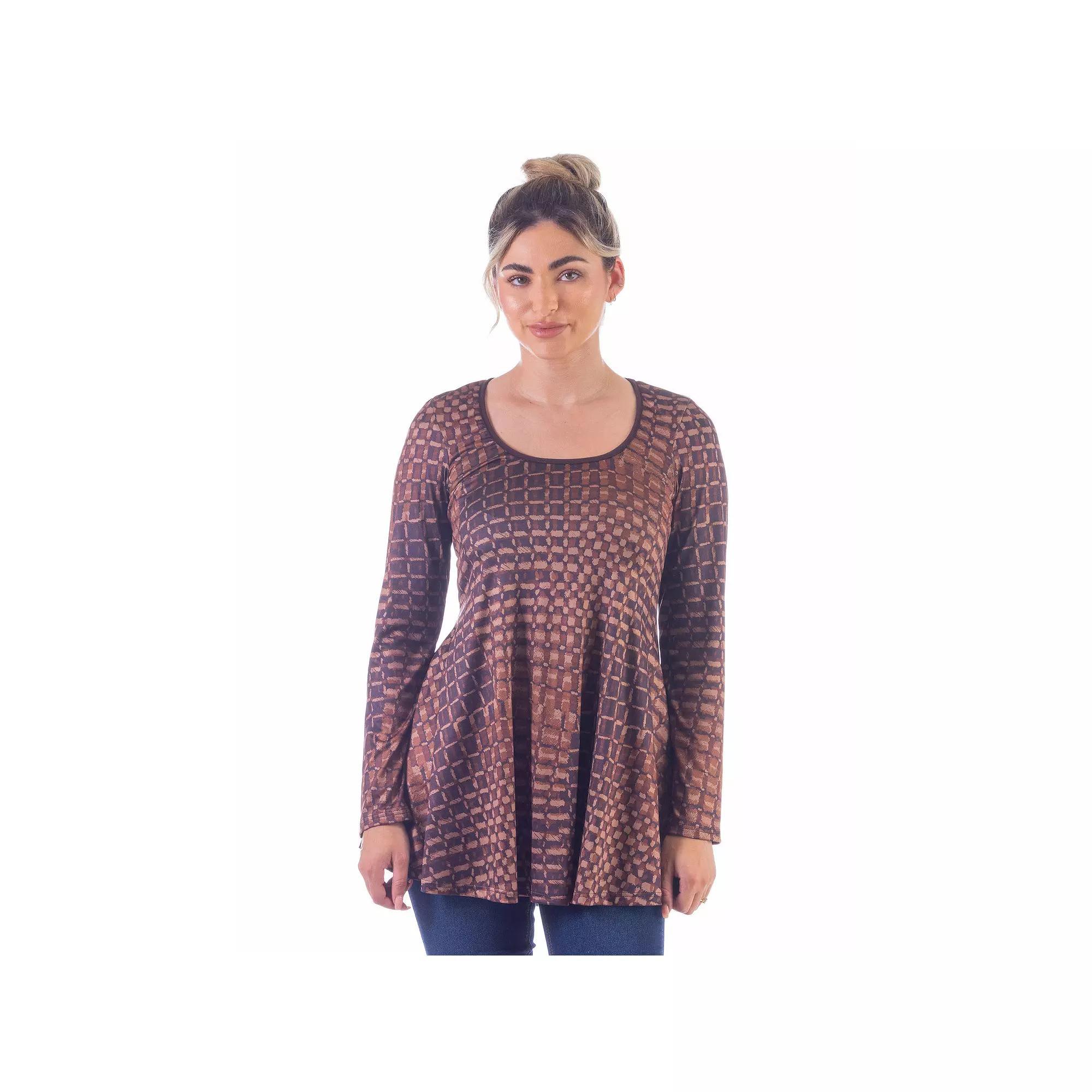 Women's 24Seven Comfort Apparel Brown Scoop Neck Long Sleeve Tunic Top, Size: Small, Brown Team Product Image