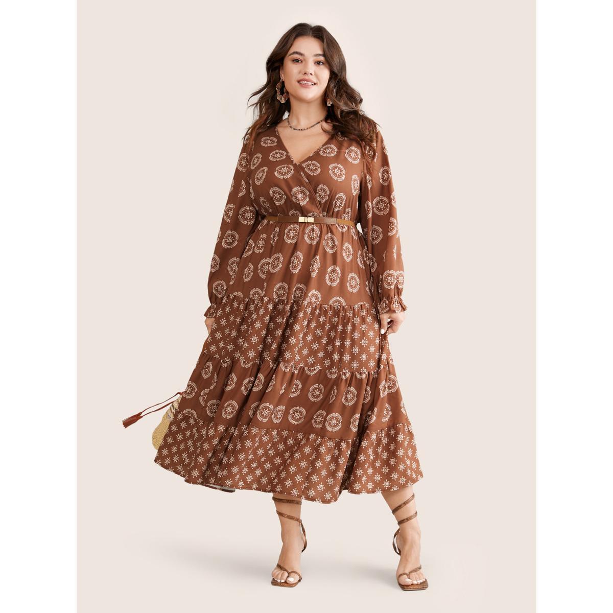 Plus Size Geometric Wrap Ruffle Layered Hem Dress Chocolate Women Vacation Wrap Overlap Collar Long Sleeve Curvy Midi Dress BloomChic 28/5X Product Image
