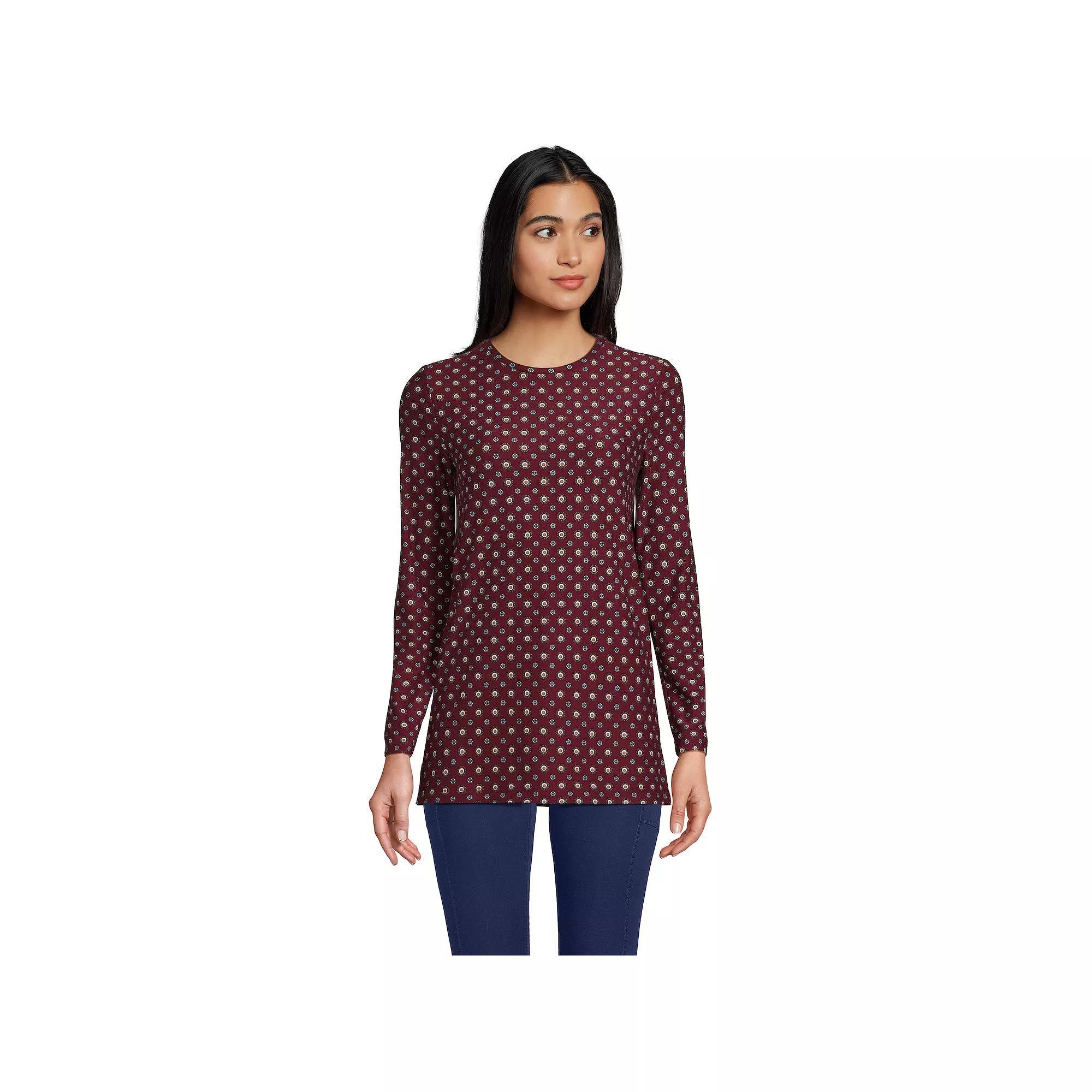 Petite Lands End Long Sleeve Performance Crew Neck Tunic, Womens Red Geo Product Image