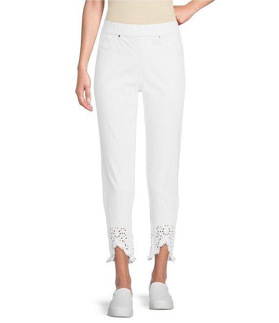 Intro Petite Size Straight Leg Tulip Eyelet Embroidered Frayed Hem Pull-On Ankle Pants Product Image