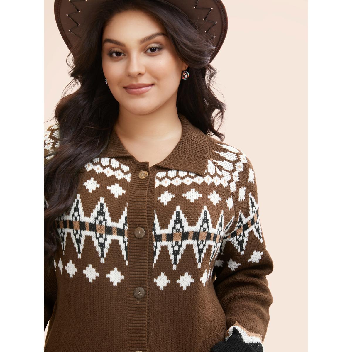 Plus Size Fair Isle Collared Button Down Cardigan DarkBrown Women Casual Loose Long Sleeve Everyday Cardigans BloomChic 28/5X Product Image