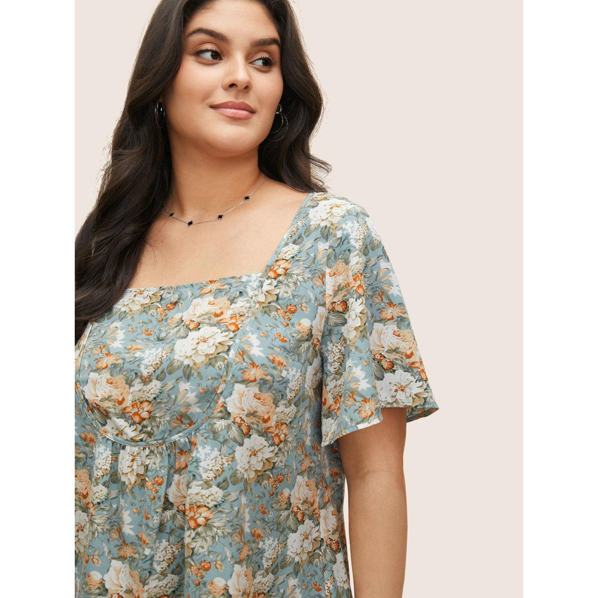 Plus Size Stone Floral Square Neck Ruffle Sleeve Gathered Blouse Women Elegant Short sleeve Square Neck Everyday Blouses BloomChic 12/L Product Image