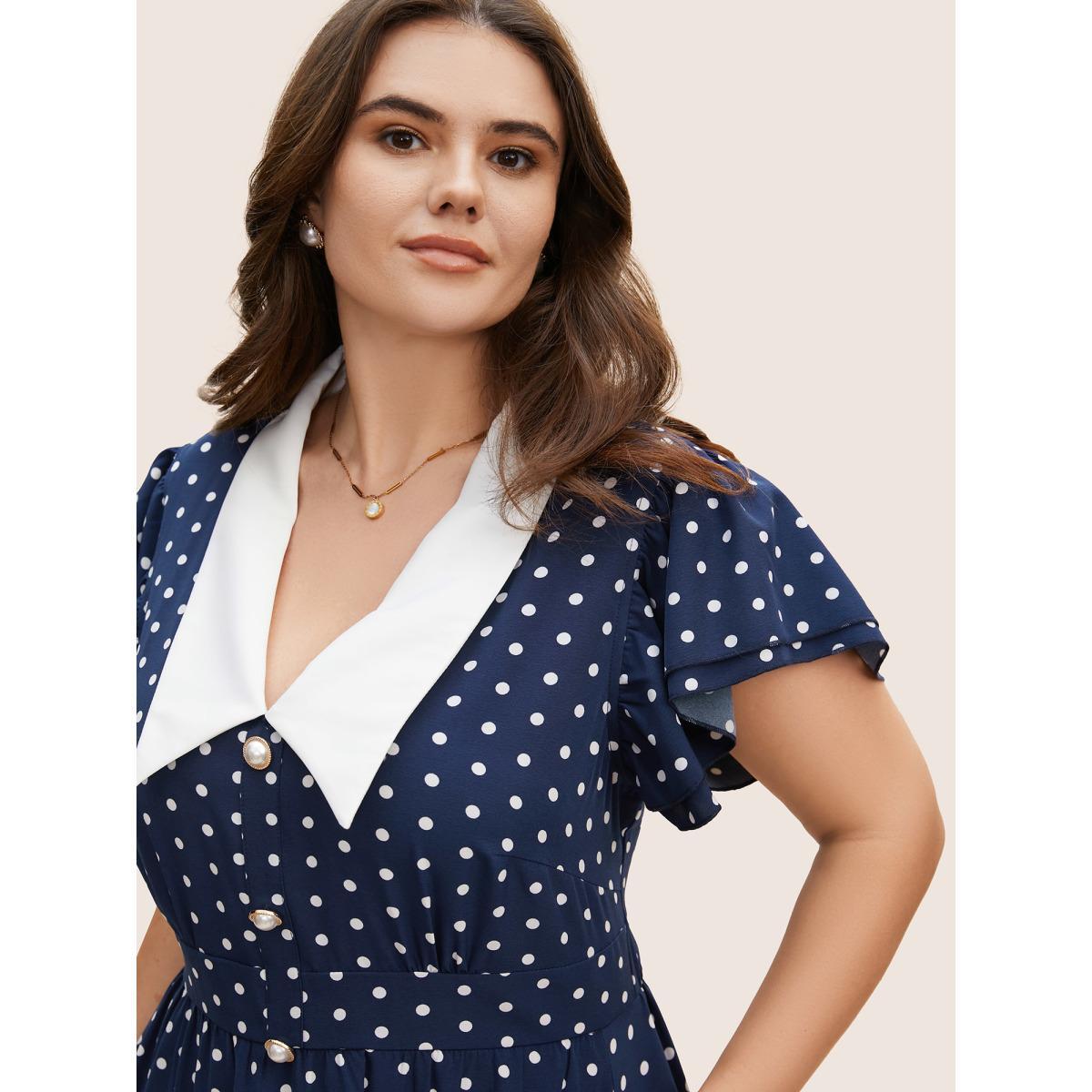 Plus Size Polka Dot Ruffle Cap Sleeve Button Detail Dress Navy Women Elegant Gathered V-neck Cap Sleeve Curvy BloomChic 22-24/3X Product Image