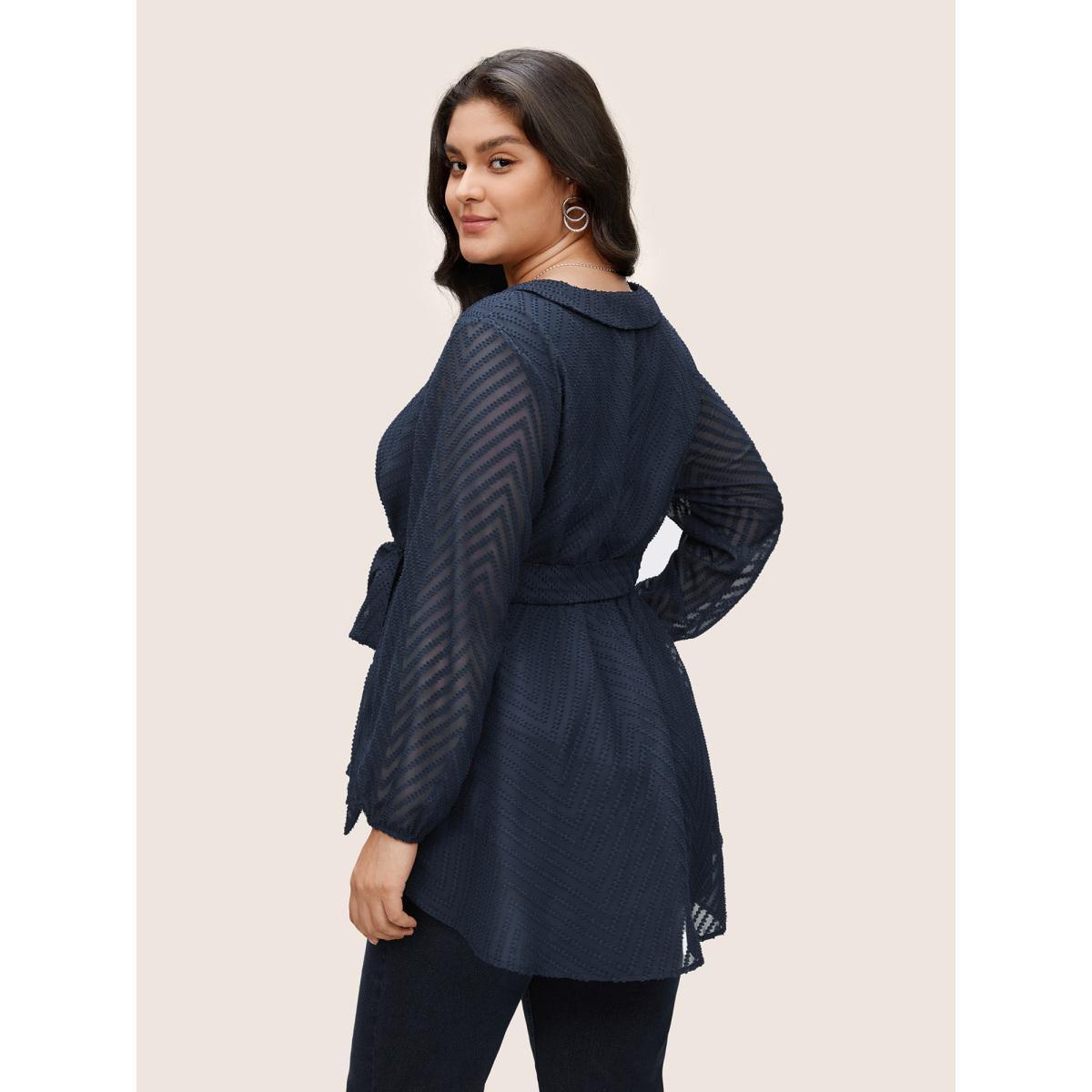 Plus Size Indigo Plain Textured High Low Hem Ties Blouse Women Office Long Sleeve Overlap Collar Work Blouses BloomChic 12/L Product Image