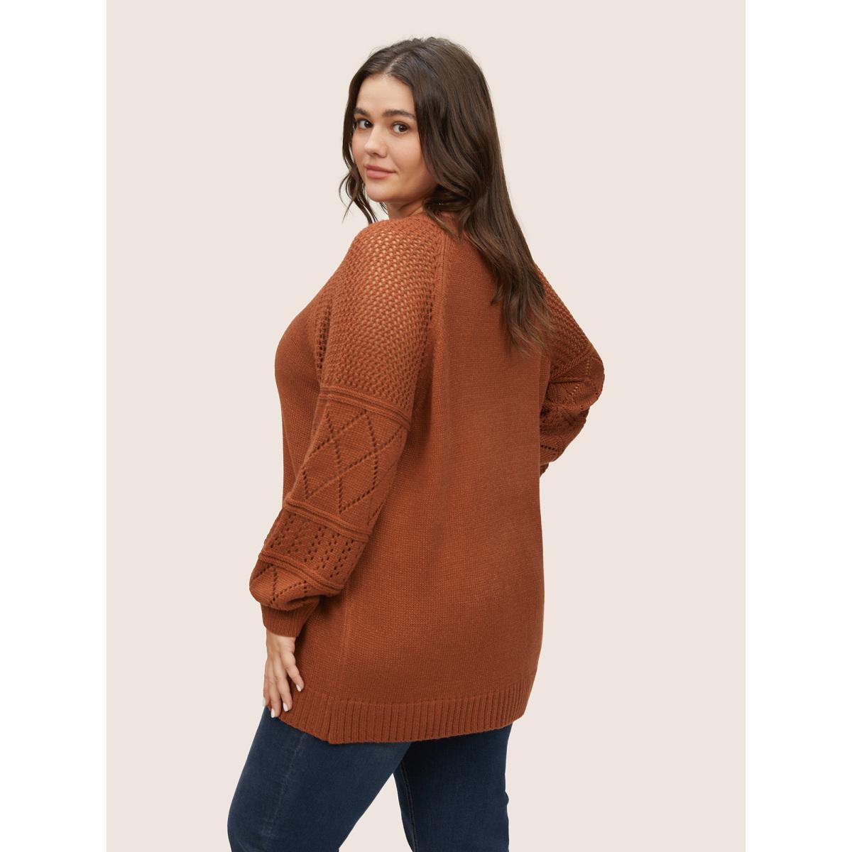 Plus Size Geometric Hollow Out Raglan Sleeve Pullover Chocolate Women Casual Long Sleeve V-neck Everyday Pullovers BloomChic 12/L Product Image