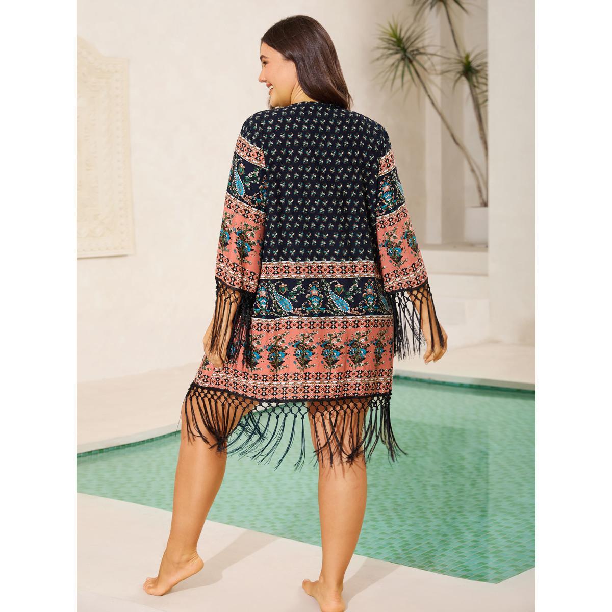 Plus Size Floral Boho Fringe Detail Kimono Women Indigo Tassels Vacation Kimonos BloomChic 30/6X Product Image