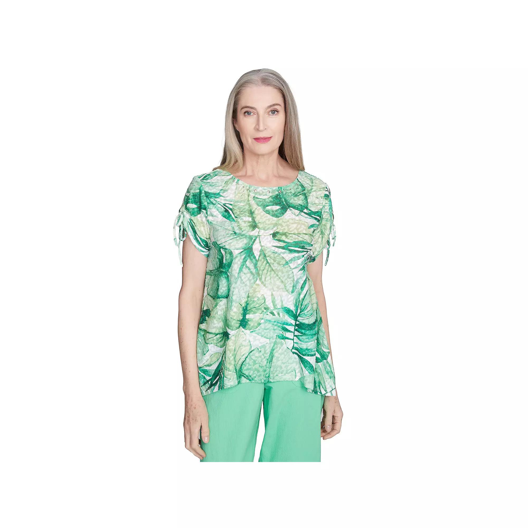 Petite Alfred Dunner Monotone Tropical Leaf Tee, Women's, Size: Large Petite, Green Product Image