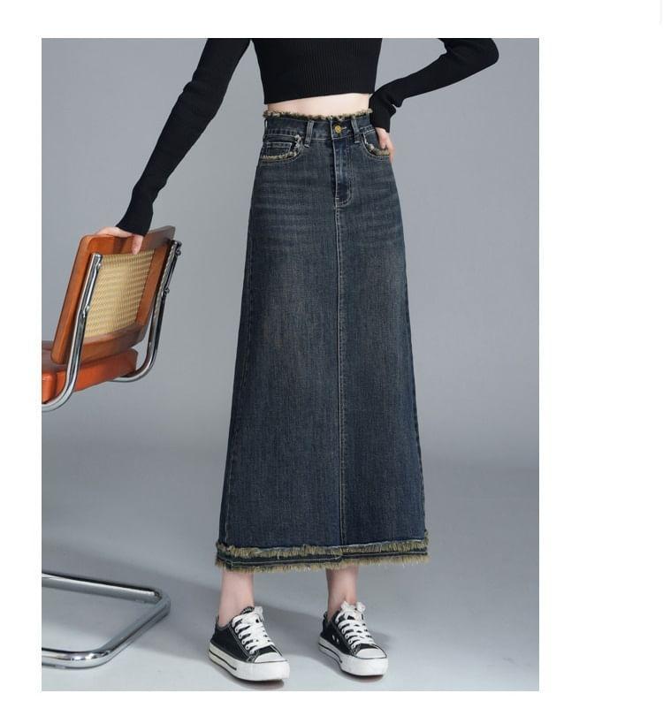 High Rise Washed Tassel Trim Midi A-Line Denim Skirt Product Image