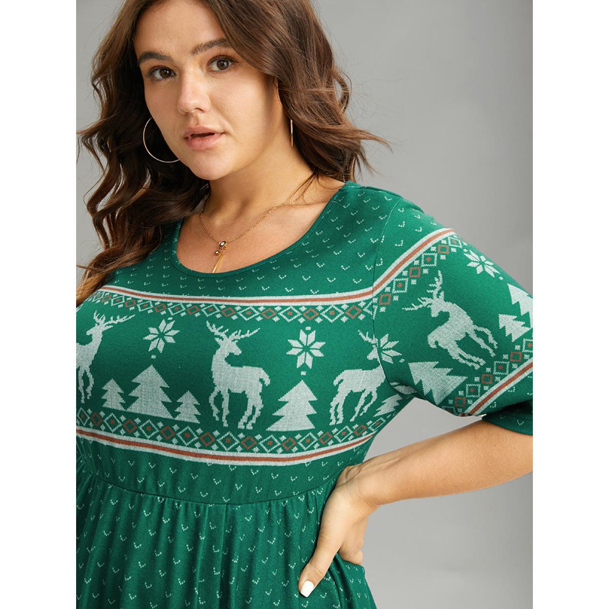 Plus Size Christmas Elk Elastic Waist Hanky Hem Dress Cyan Women Casual Printed Round Neck Half Sleeve Curvy Midi Dress BloomChic 12/L Product Image