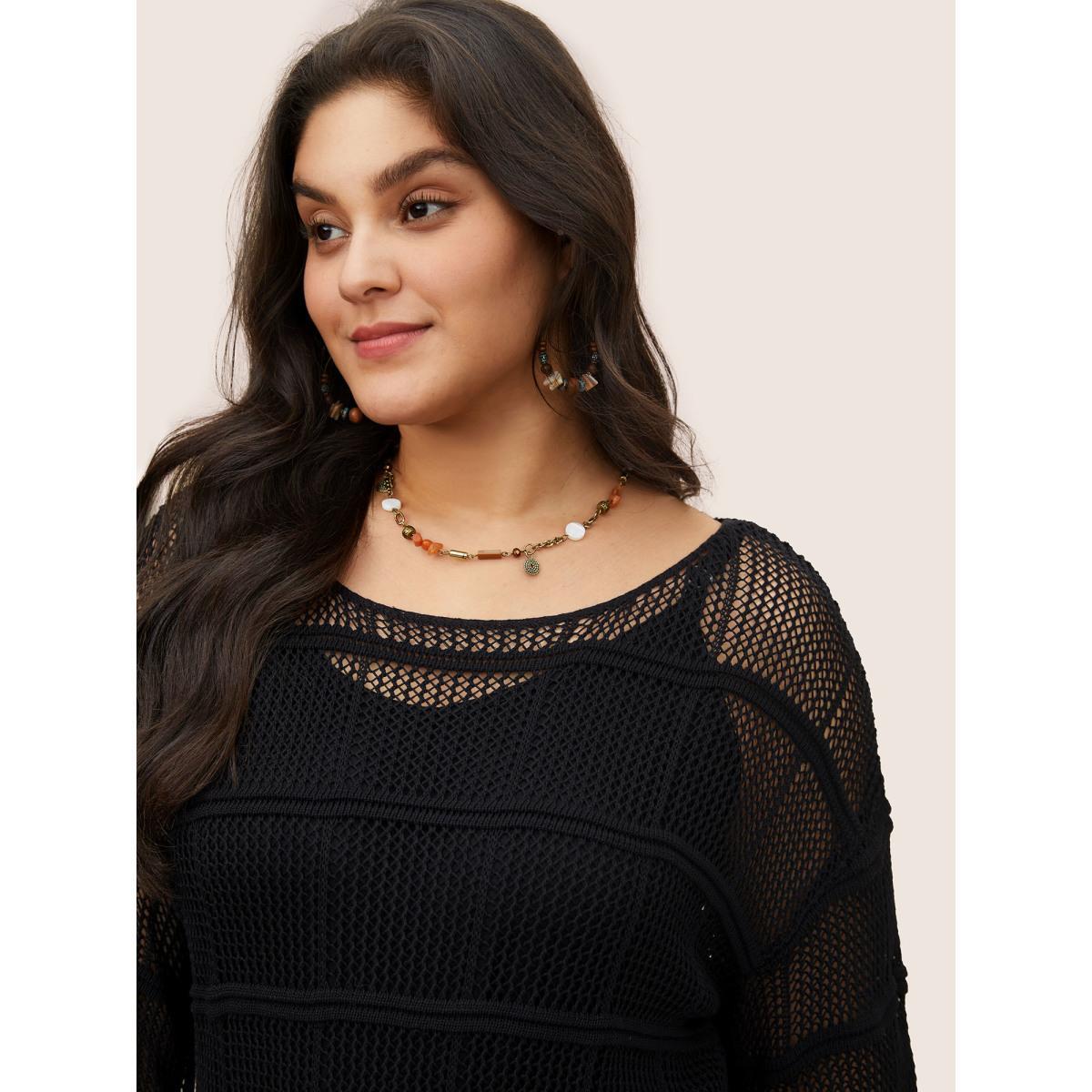 Plus Size Striped Hollow Out Bell Sleeve Pullover Black Women Casual Long Sleeve Round Neck Everyday Pullovers BloomChic 30/6X Product Image
