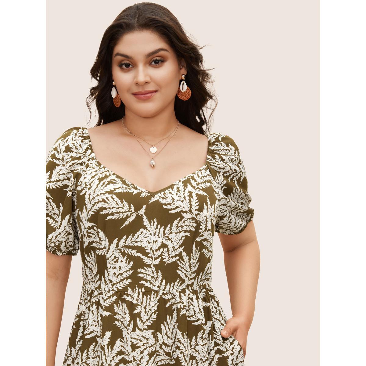Plus Size Tropical Print Lantern Sleeve Midi Dress LightBrown Women Resort Gathered Heart neckline Short sleeve Curvy BloomChic 30/6X Product Image
