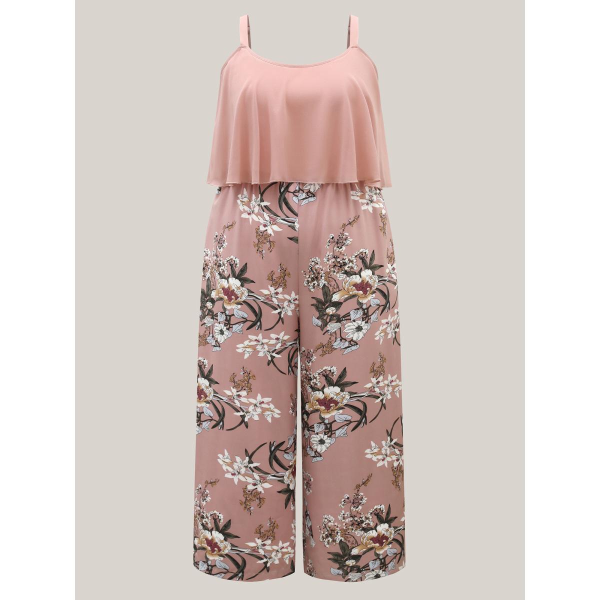 Plus Size DustyPink Large Flower Print Spliced Wide-Leg Jumpsuit Women Sleeveless U-neck Everyday-Elegant Loose Jumpsuits BloomChic 14-16/1X Product Image