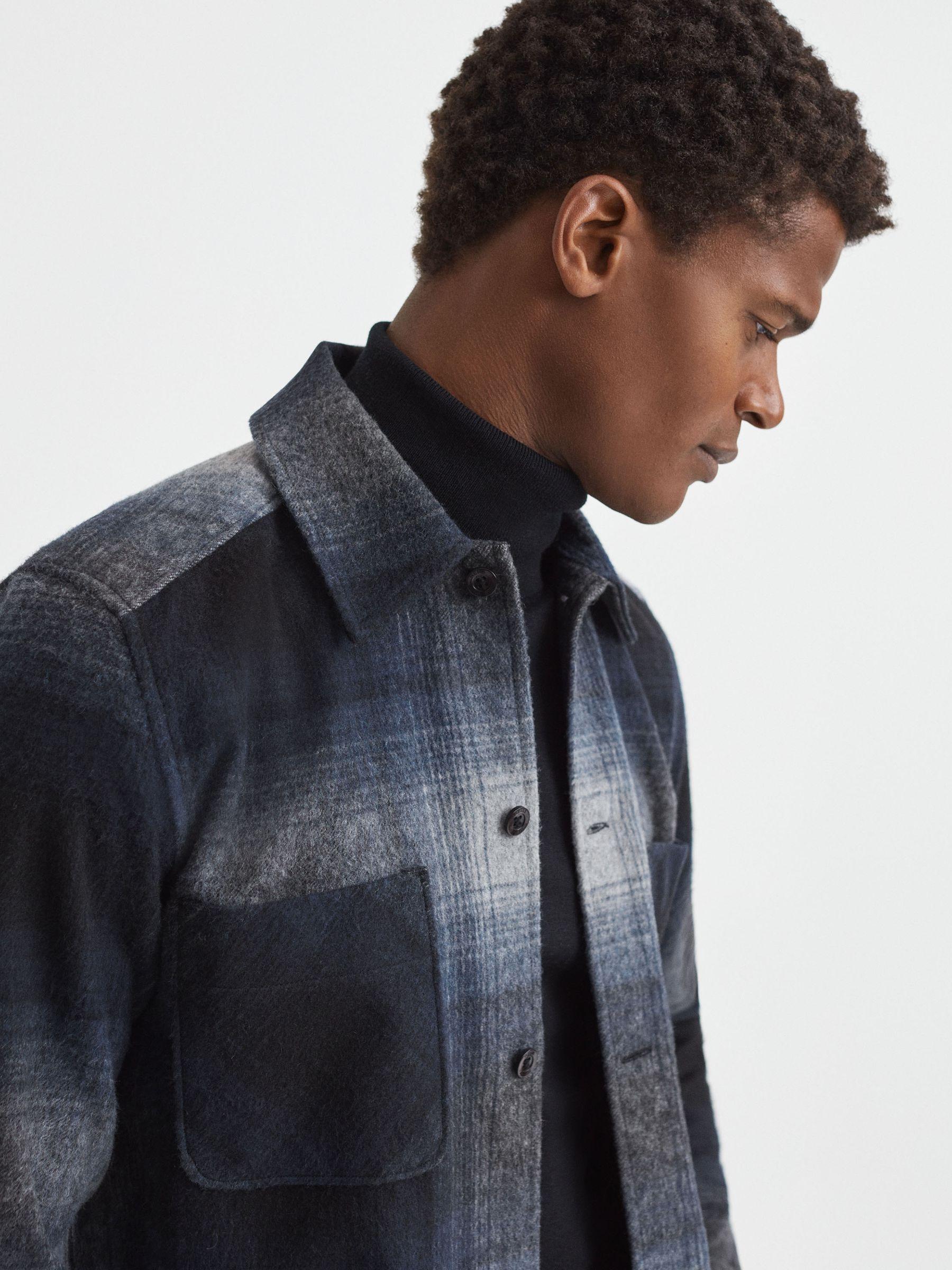 Wool Blend Check Overshirt in Blue Multi Product Image