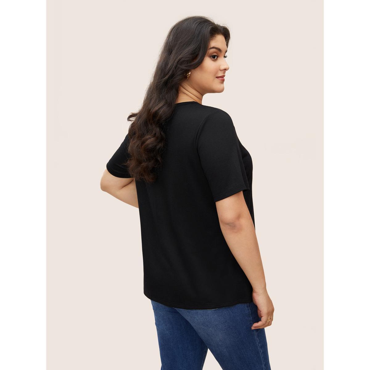 Plus Size Floral Embroidered Round Neck T-shirt Black Women Elegant Embroidered Round Neck Everyday T-shirts BloomChic 12/L Product Image