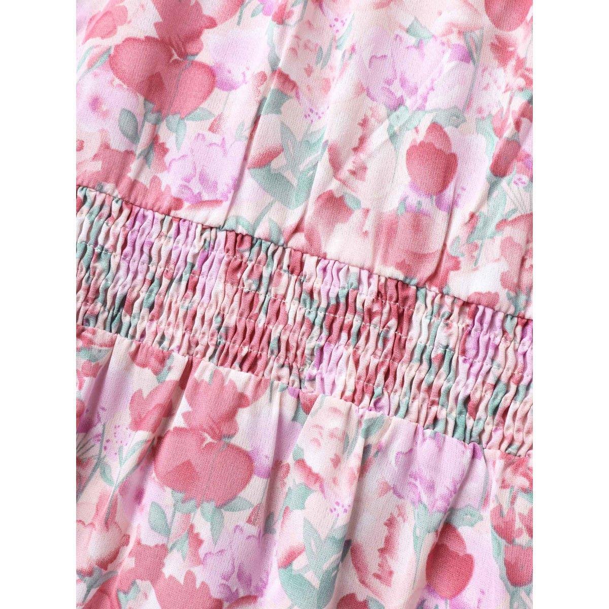 Plus Size Floral Print Shirred Waist Pockets Midi Dress Blush Women Elegant Tie knot Square Neck Half Sleeve Curvy BloomChic 12/L Product Image