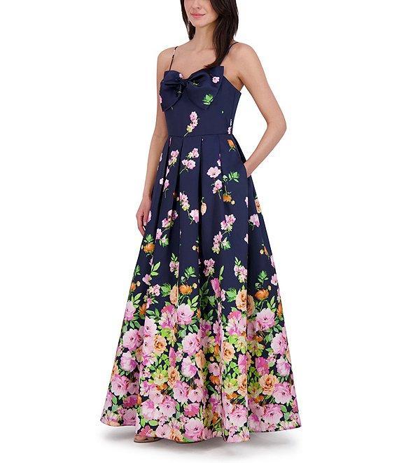 Eliza J Mikado Floral Print Sweetheart Neck Sleeveless Bow A-Line Gown Product Image