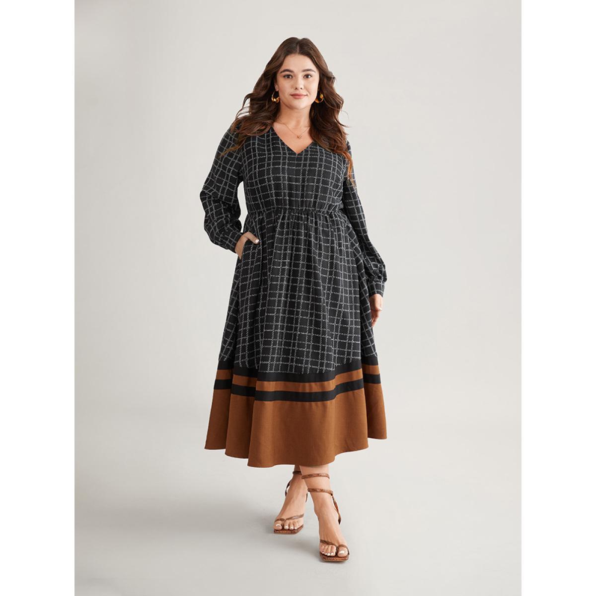 Plus Size Gingham Gingham Patchwork Pocket Gathered Dress Black Women Office Contrast V-neck Long Sleeve Curvy Midi Dress BloomChic 12/L Product Image