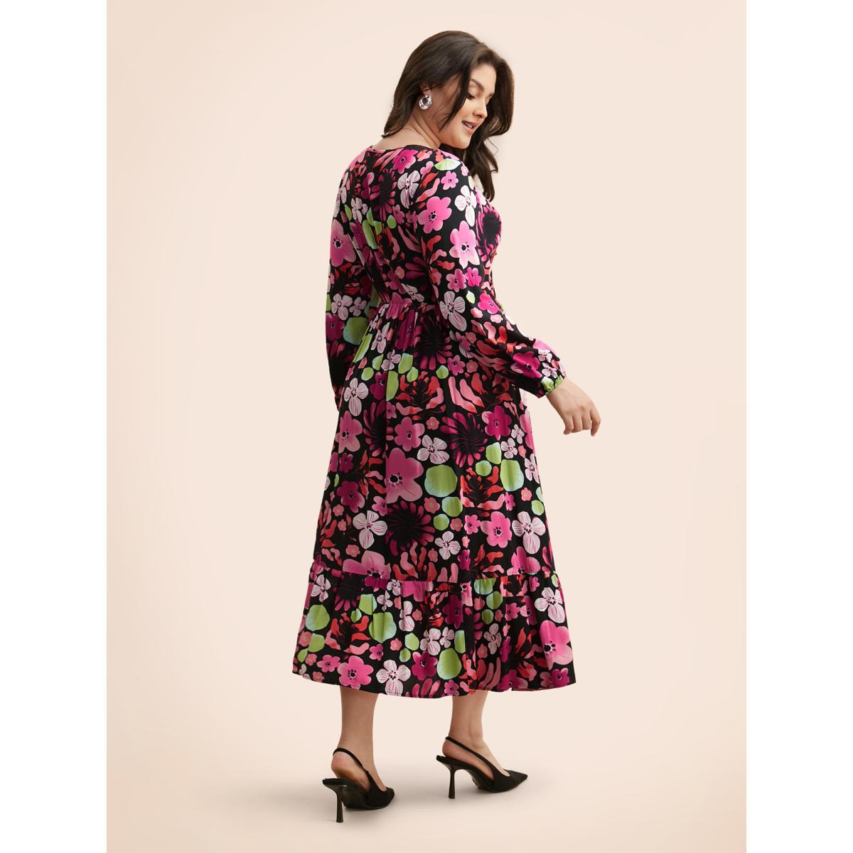 Plus Size Floral V Neck Lantern Sleeve Dress Black Women Elegant Non V-neck Long Sleeve Curvy BloomChic 30/6X Product Image