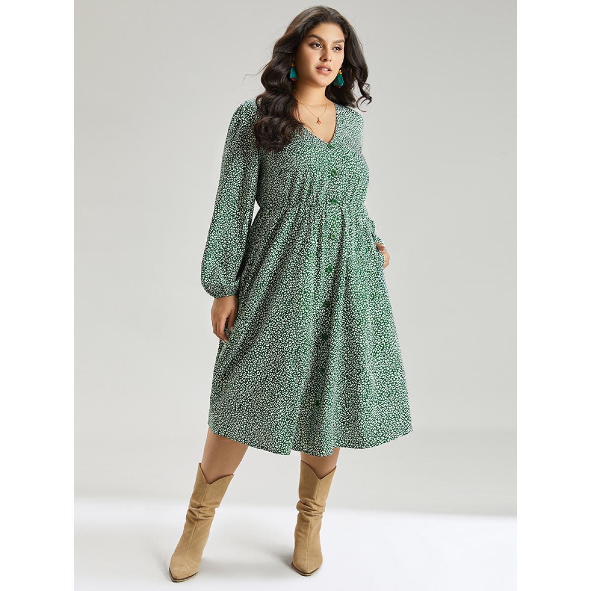 Plus Size Leopard Print Elastic Cuffs Button Detail Dress Green Women Elegant Elastic cuffs V-neck Long Sleeve Curvy Midi Dress BloomChic 28/5X Product Image
