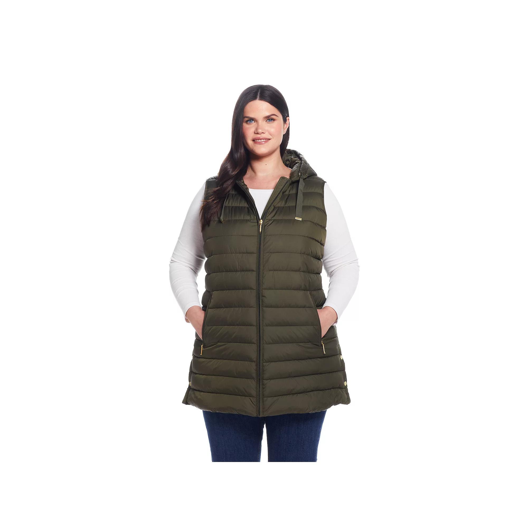 Plus Size Weathercast Hooded Quilted Long Vest, Womens Dusty Green Product Image