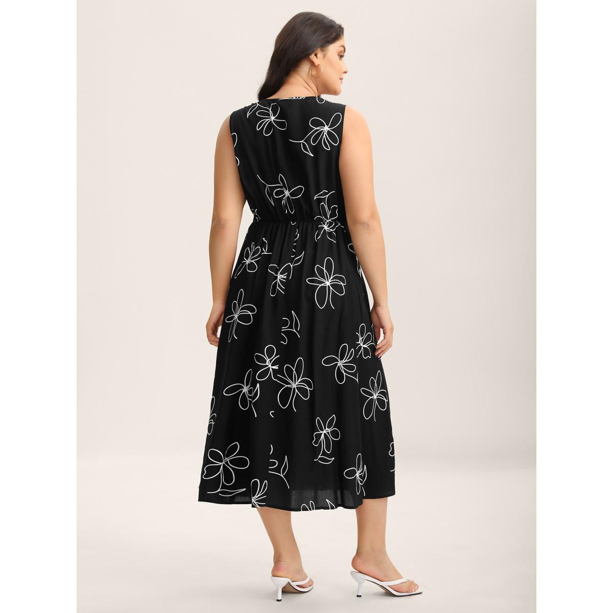 Plus Size Rayon Floral Stretchy Waist Midi Dress BlackFlower Women Heart neckline Sleeveless Curvy BloomChic 10/M Product Image
