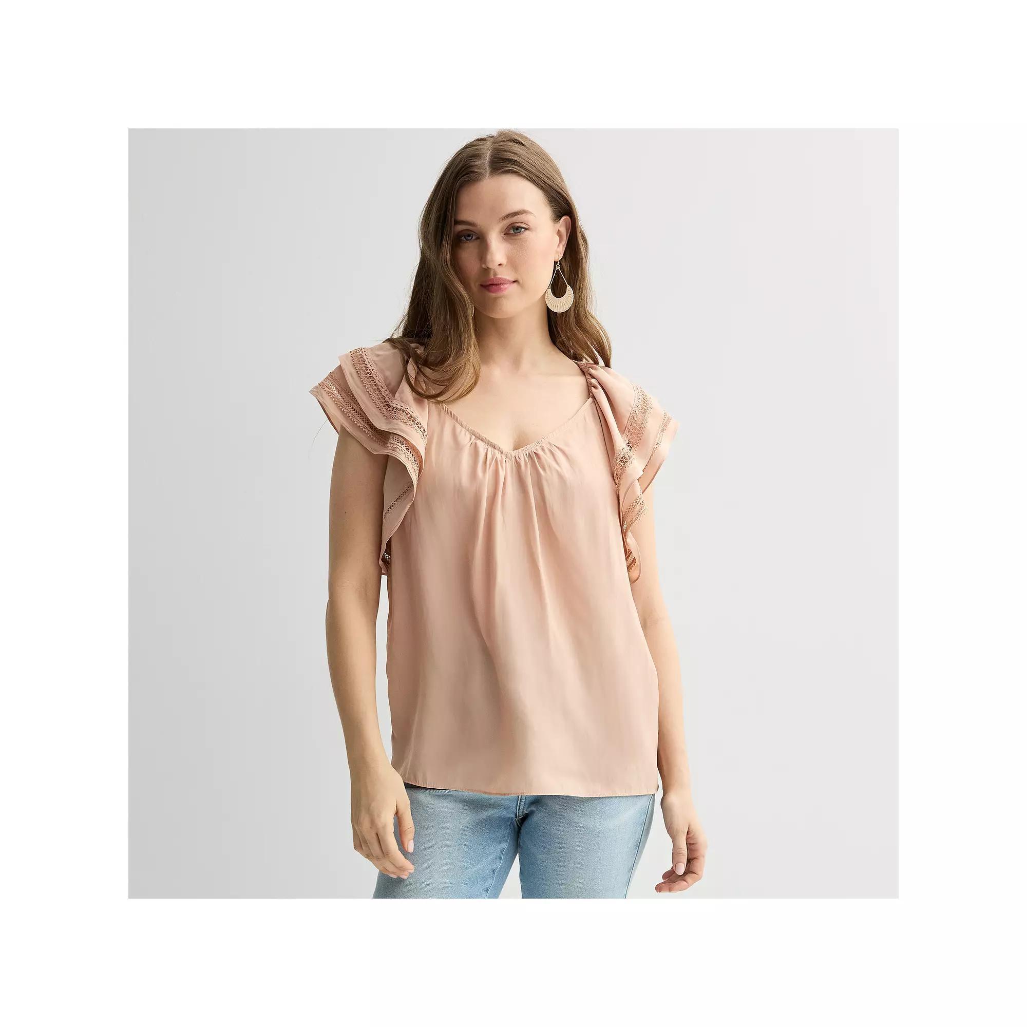 Women's Chelsea & Theodore Ruffle Sleeve Woven Airflow Blouse, Size: Large, Olive Green Product Image
