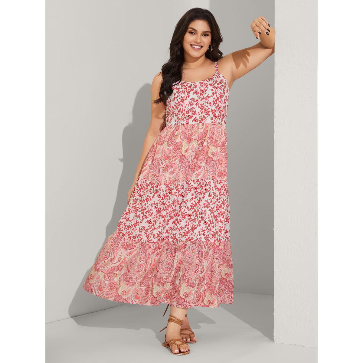 Plus Size Floral Paisley Print Cami Pockets Midi Dress Crepe Women U-neck Sleeveless Curvy BloomChic 12/L Product Image